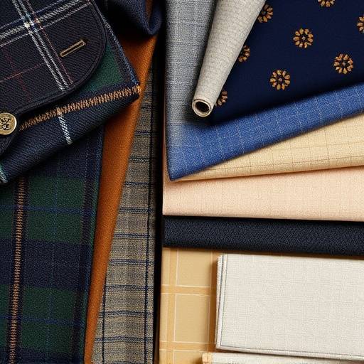 A bespoke suit fabric swatch book, displaying a variety of wools, silks, and linens with different patterns and textures.