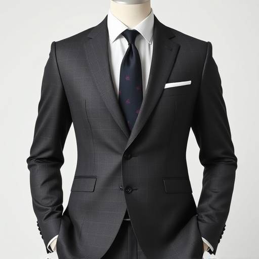 A charcoal grey single-breasted suit with a notch lapel, paired with a crisp white shirt and a muted silk tie.