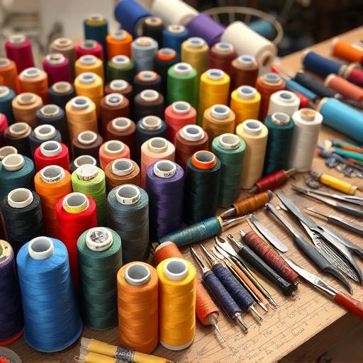 A collection of colorful thread spools and tailoring tools laid out on a workbench.