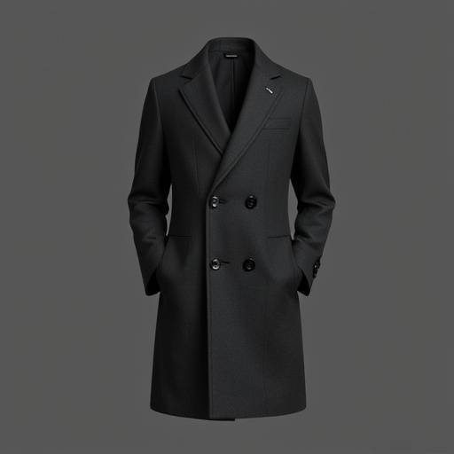 A dark grey wool overcoat with a classic notched lapel and a clean, modern silhouette.