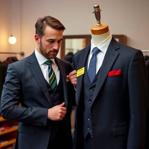A man being measured for a bespoke suit by a tailor.
