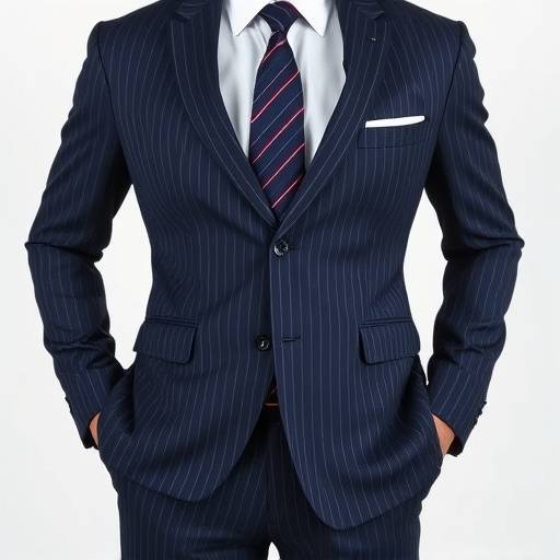 A sharp, navy blue pinstripe business suit worn by a professional, showcasing a perfect fit and classic styling.