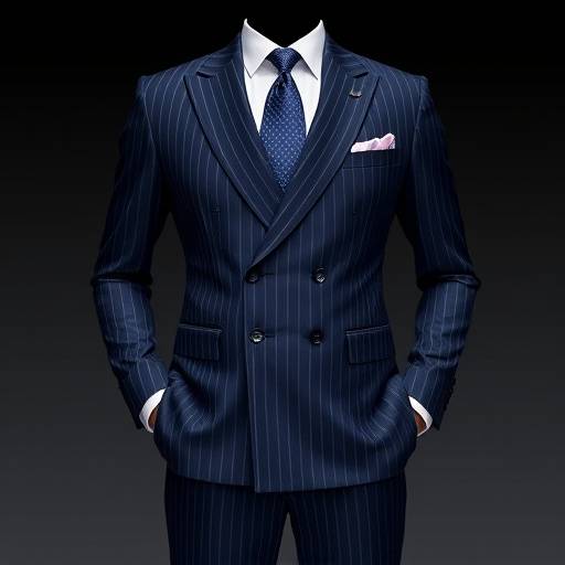 A sharply tailored navy blue three-piece suit with subtle pinstripes, featuring a peak lapel jacket and a double-breasted waistcoat.