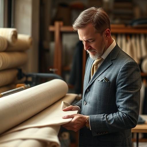 A tailor carefully inspecting a roll of fine wool fabric in the atelier.